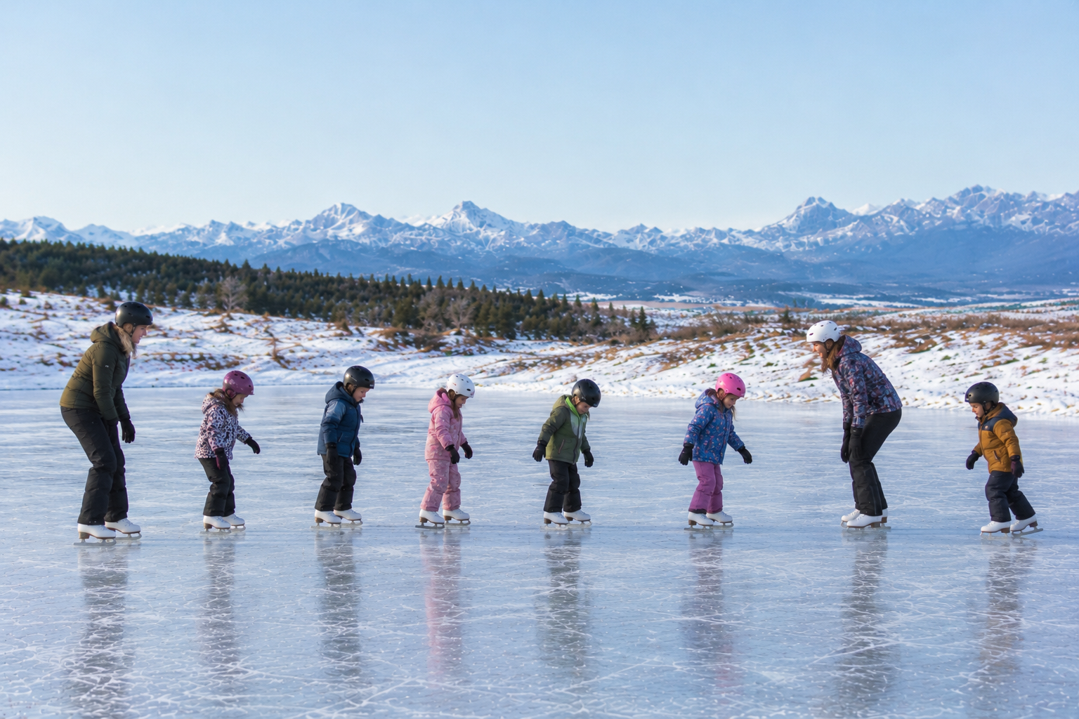Children skating beneath snowy mountains