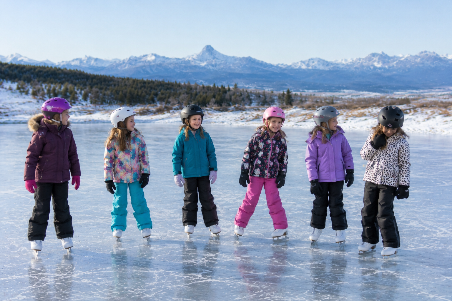 Young skaters on a mountain lake