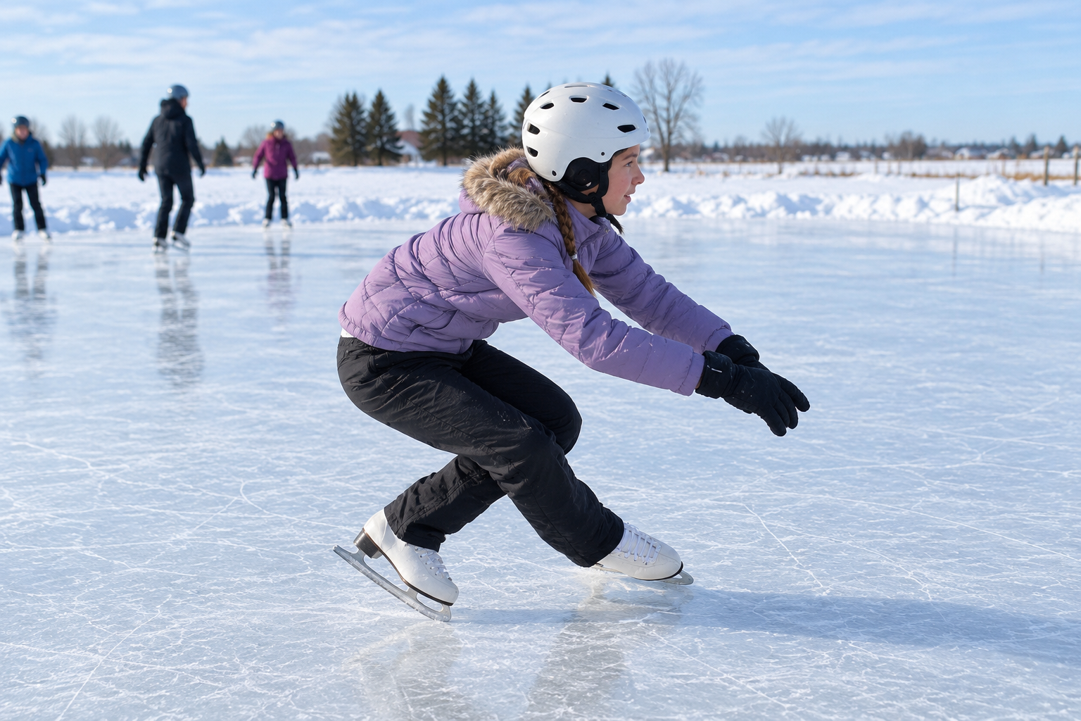 A group of young skaters in helmets standing together on the ice