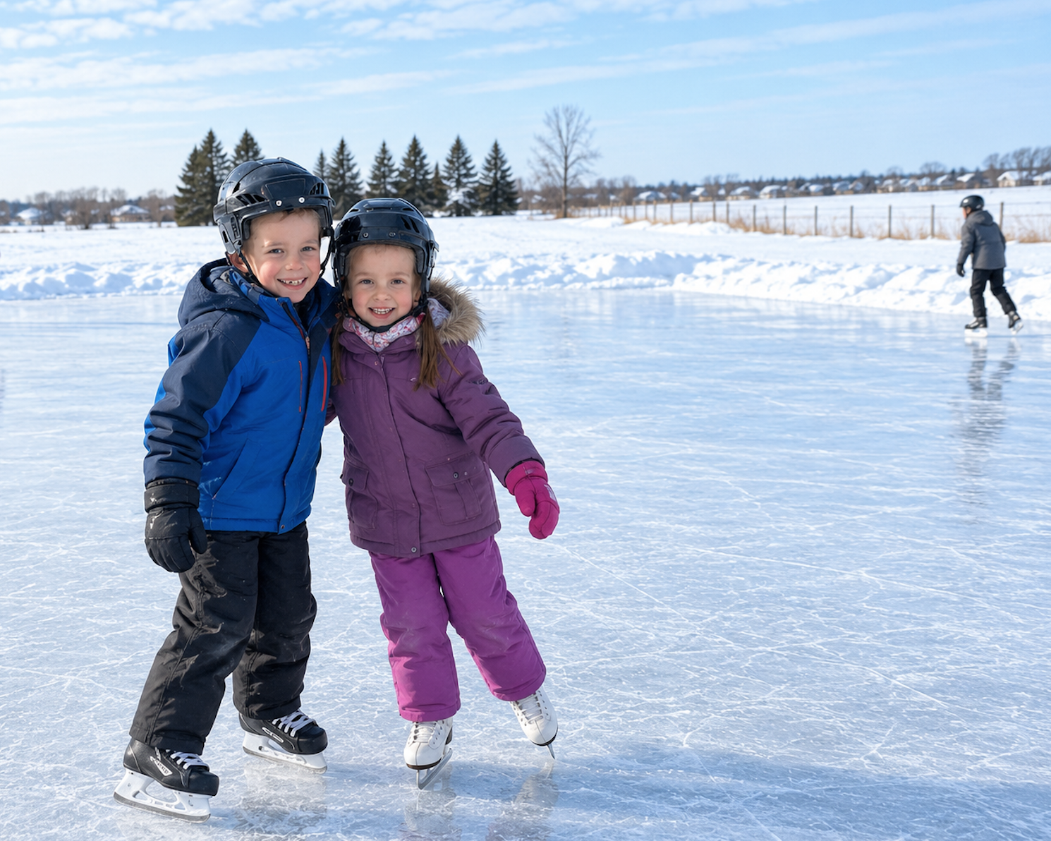 A teenage boy standing on skates on the frozen lake with snowy mountains behind him