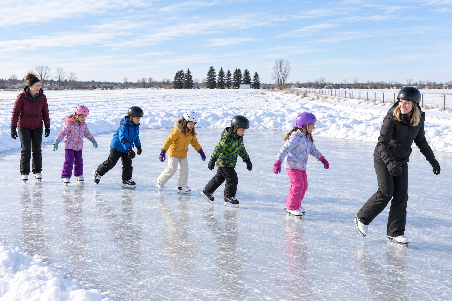 A skating lesson with children practising on the frozen lake