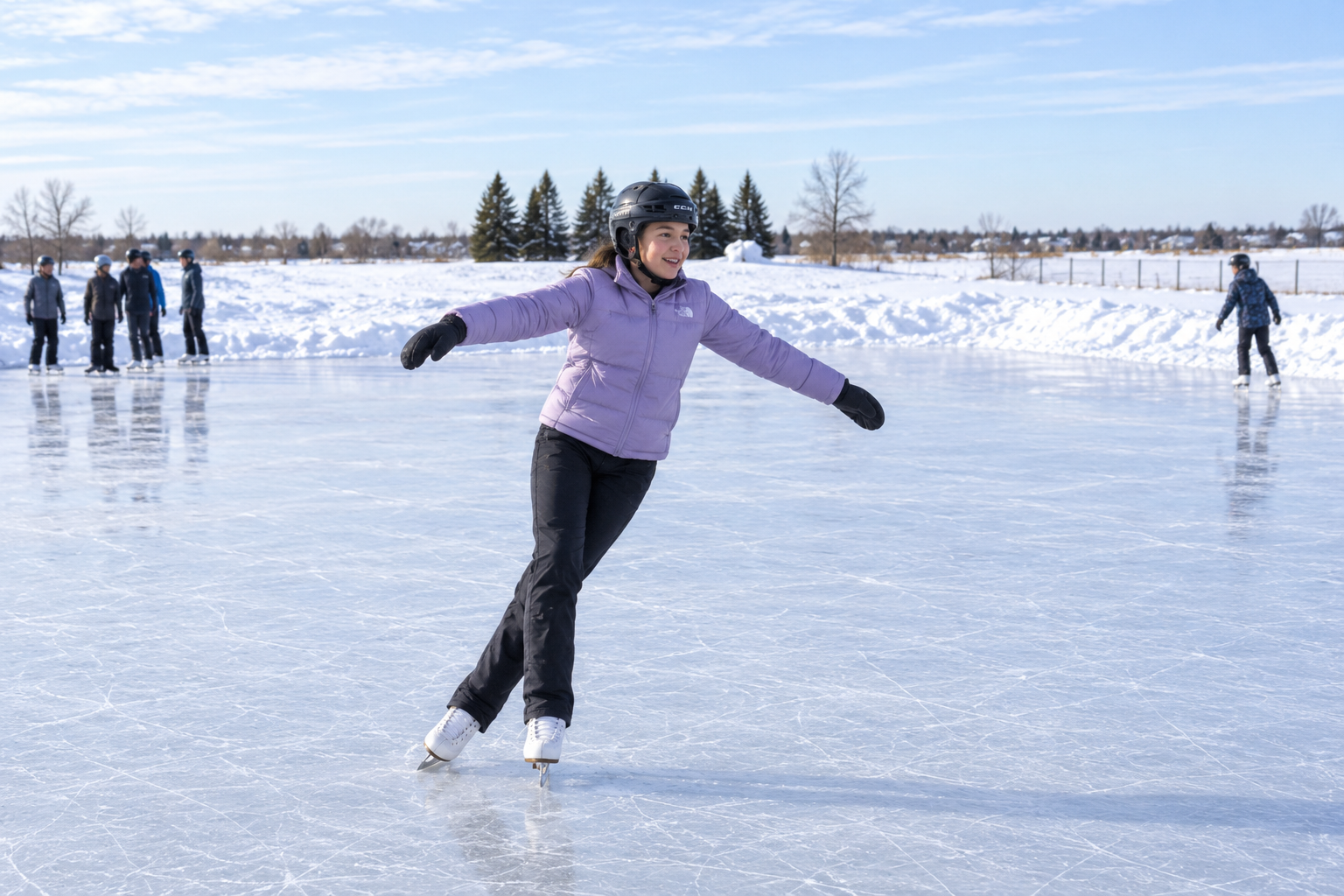 A young skater gliding across the ice with snowy mountains beyond