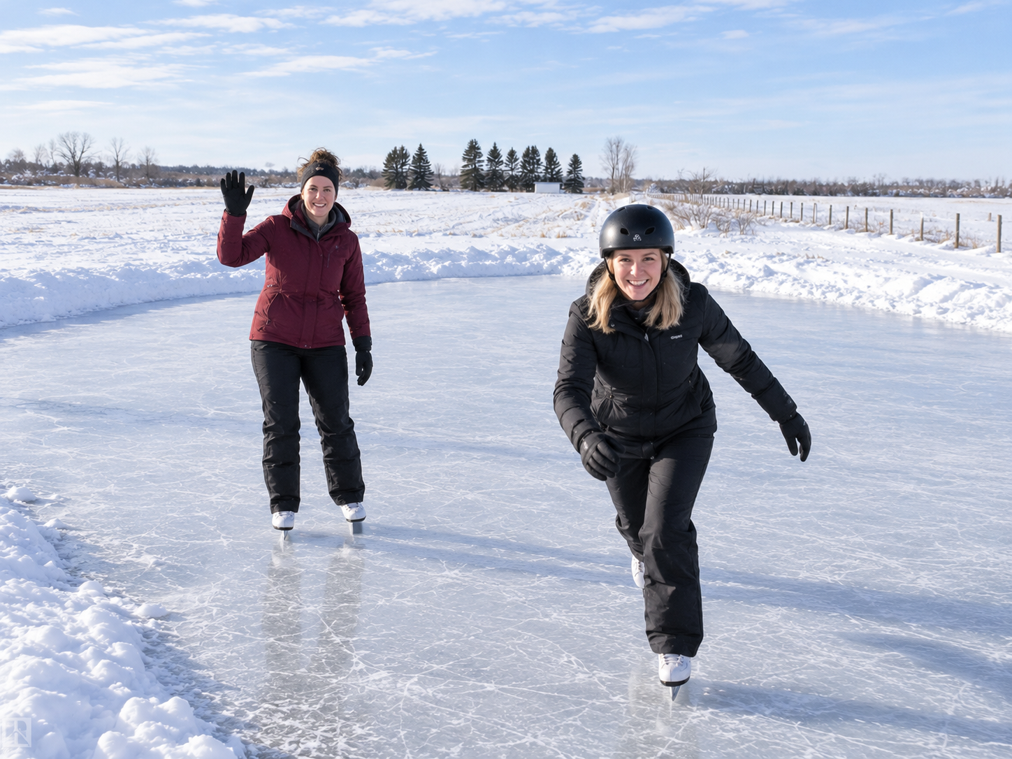 Children in colourful winter jackets learning together on the ice