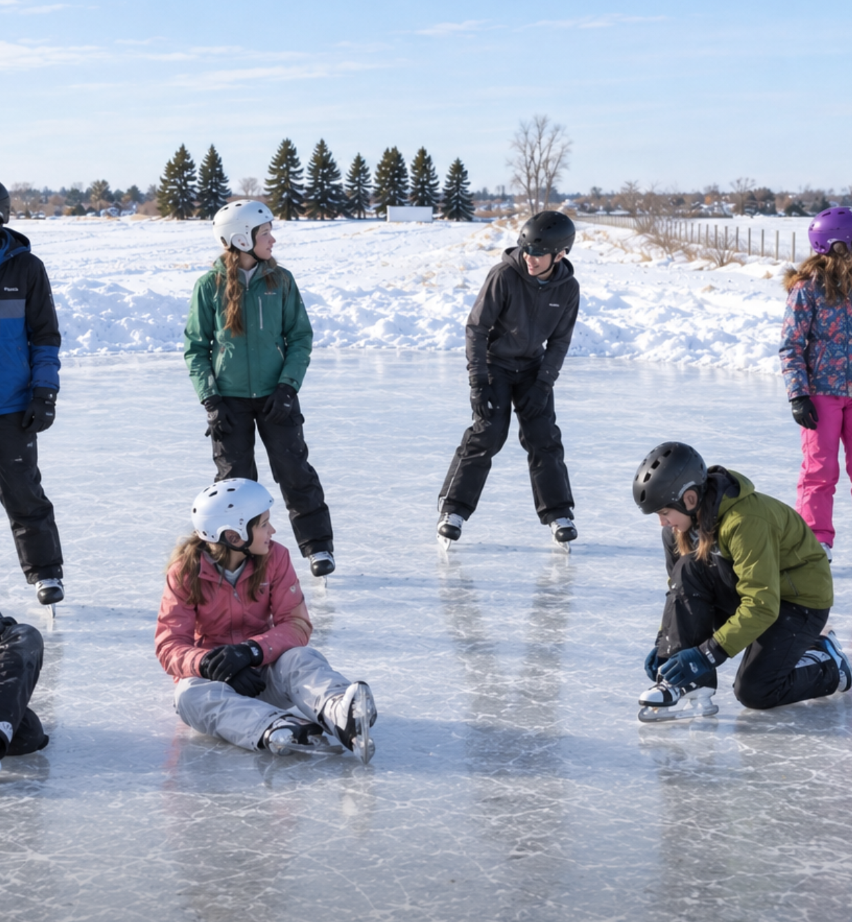 A coach guiding children as they practise skating in a line