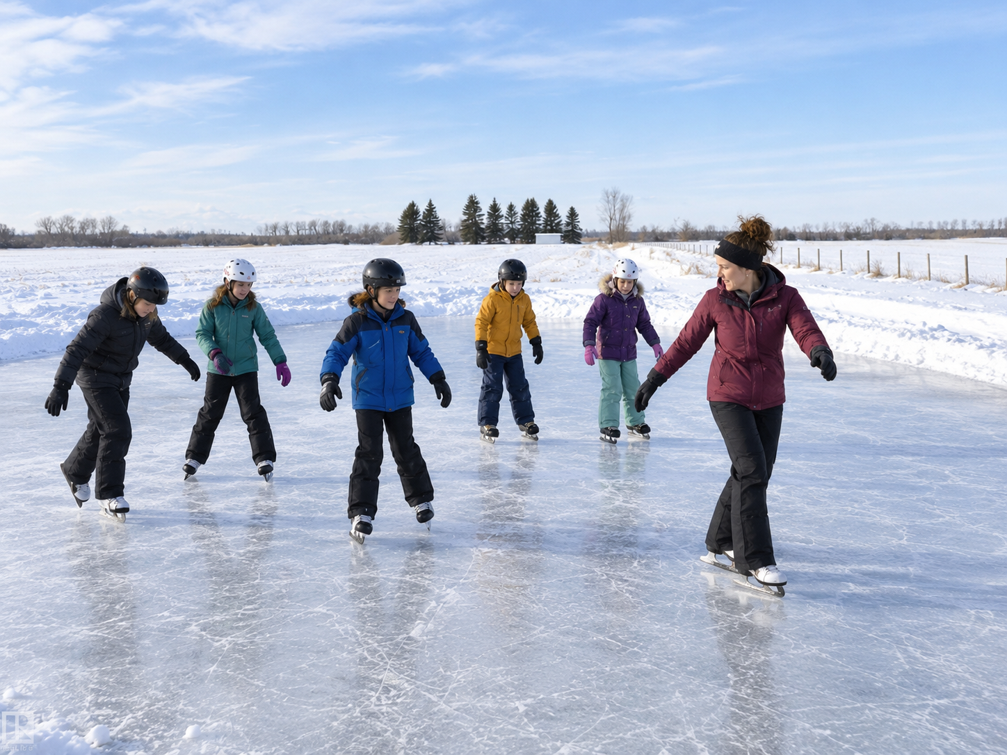 Three children skating together on the outdoor rink