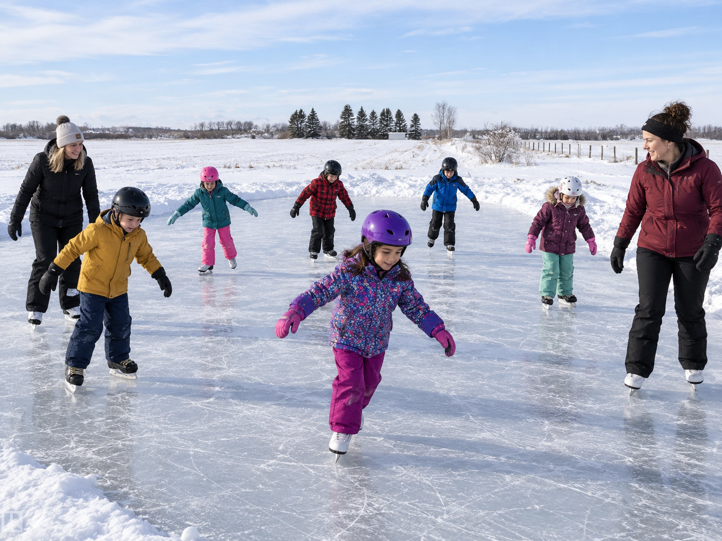 Skating instructor helping a young student practise on the outdoor ice rink