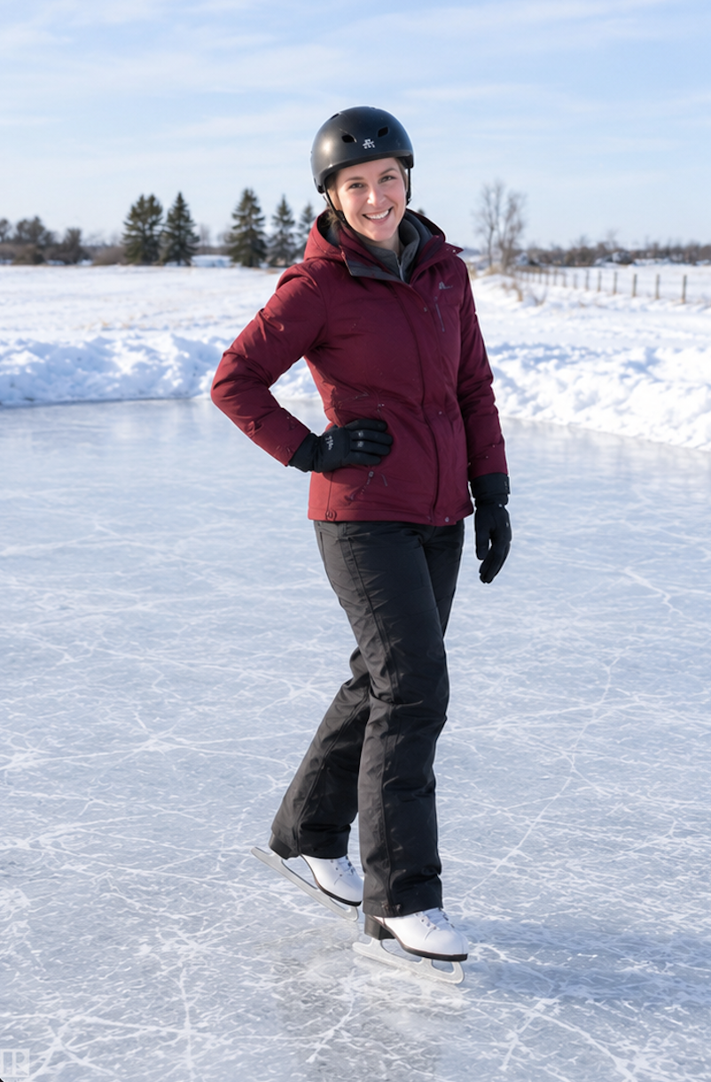 KickStart Skating Villeneuve coach wearing a black helmet and dark green jacket