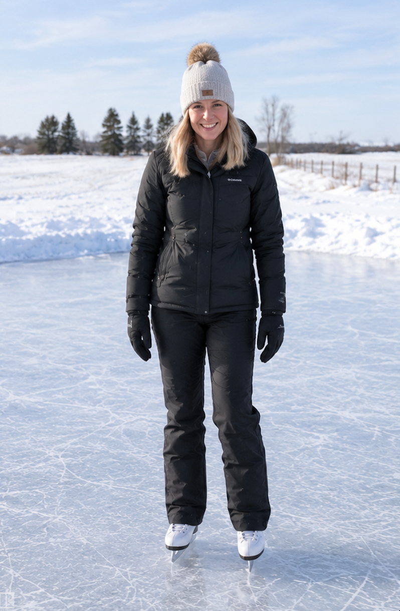 KickStart Skating Villeneuve coach wearing a white helmet and patterned winter jacket